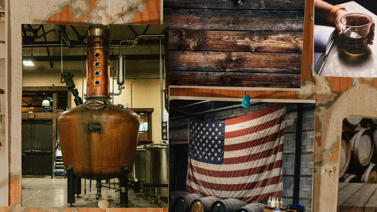 Rustic copper still at Full Throttle Distillery with an American flag in the background, showcasing the craft of Tennessee moonshine making