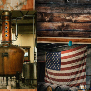 Rustic copper still at Full Throttle Distillery with an American flag in the background, showcasing the craft of Tennessee moonshine making