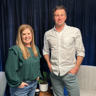Sam Silvey and Dr. Emily Brewer on set at Spectruss Speakeasy podcast discussing modern dermatology and marketing