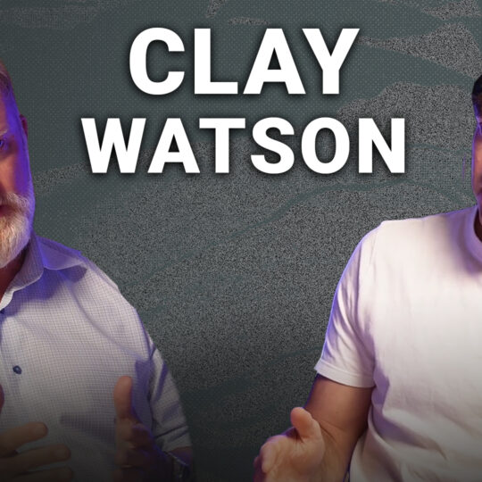 Clay Watson discussing leadership and resilience in business, featuring two speakers in a podcast setting.