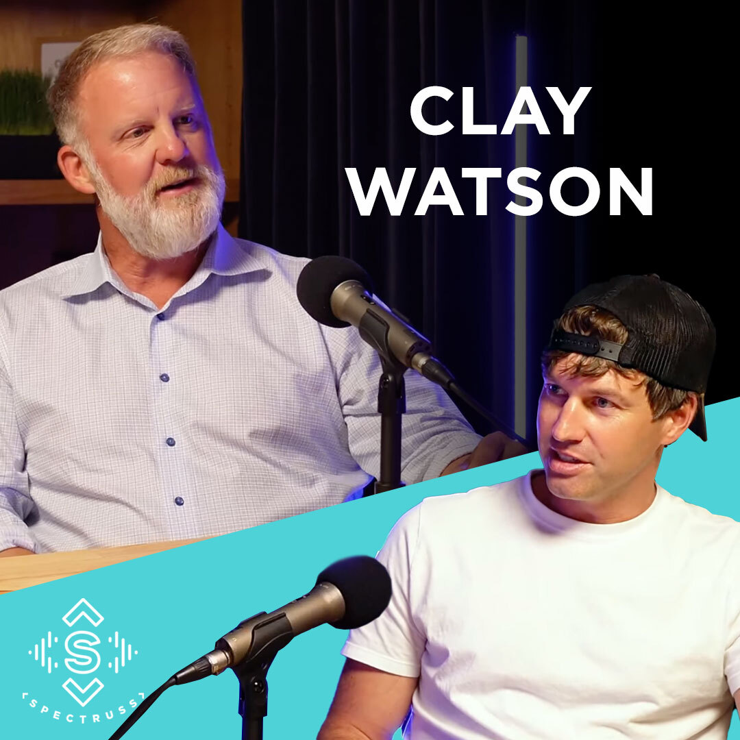 Podcast thumbnail for a Spectruss Speakeasy episode featuring Clay Watson, showing two guests talking into microphones in a studio setting.