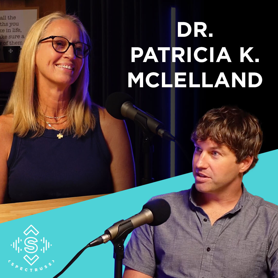 Podcast thumbnail for a Spectruss Speakeasy episode featuring Patricia McLelland, showing two guests in a studio talking into microphones.