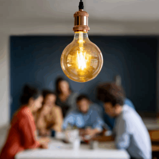 Hanging lightbulb over business team collaborating at table, representing Fractional CMO service strategy and growth ideas