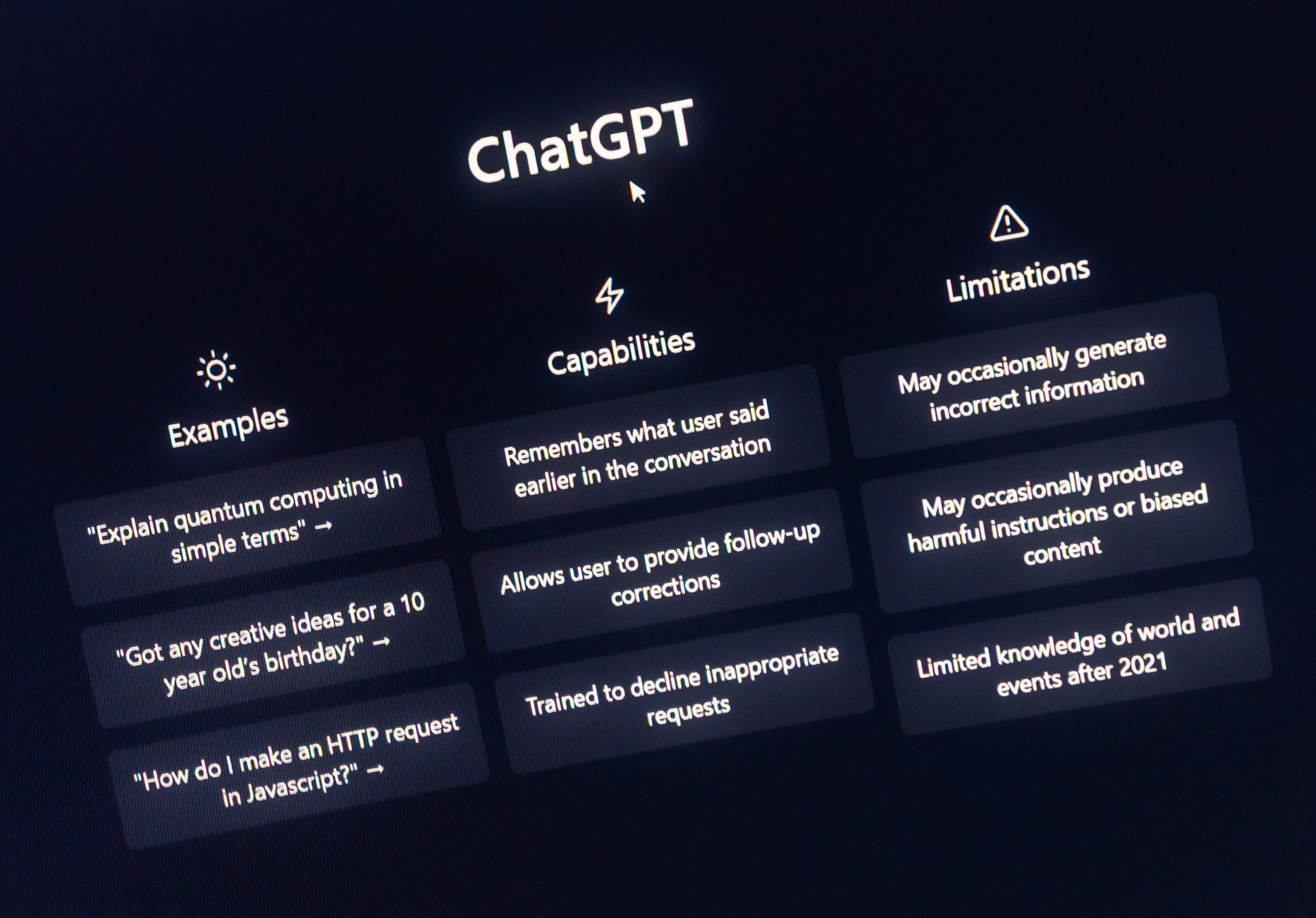 ChatGPT platform interface showing examples capabilities and limitations of AI search
